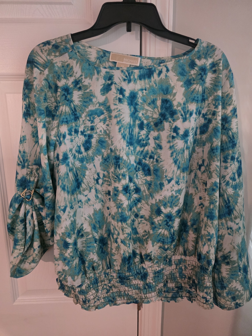 Michael Kors Teal & White Tie-Dye Boatneck Blouse